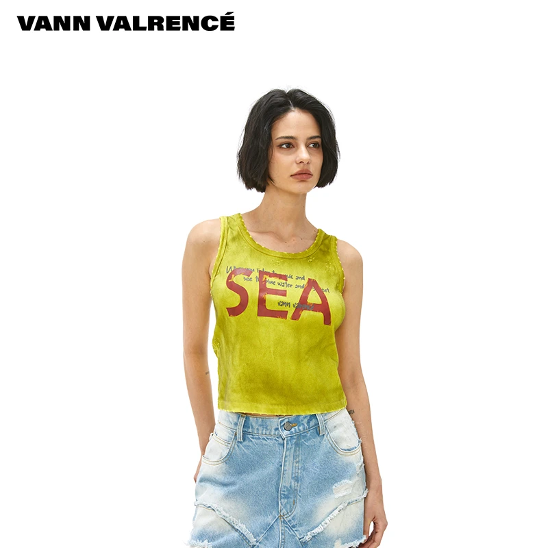 VANN VALRENCE2025夏季新女士做旧撞色印花修身短款纯棉短袖背心