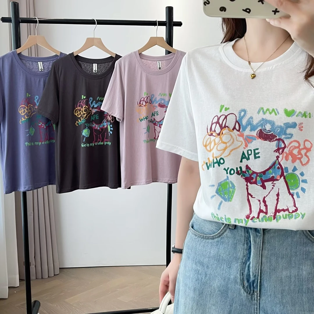 大码胖mm韩系慵懒风彩绘涂鸦印花T恤女夏季新款宽松圆领显瘦上衣