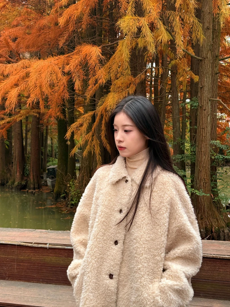 秋冬新款韩系休闲宽松100%纯羊毛羊剪绒颗粒衬衫领长袖女装25927