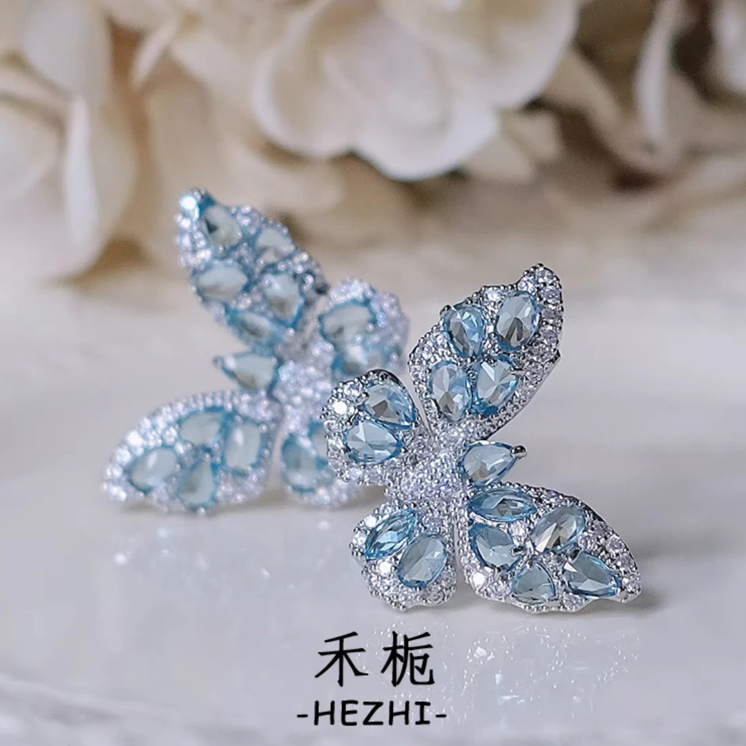 铜合金合成锆石耳饰 耳环蓝色轻奢民族风气质时尚精美高级感珠宝