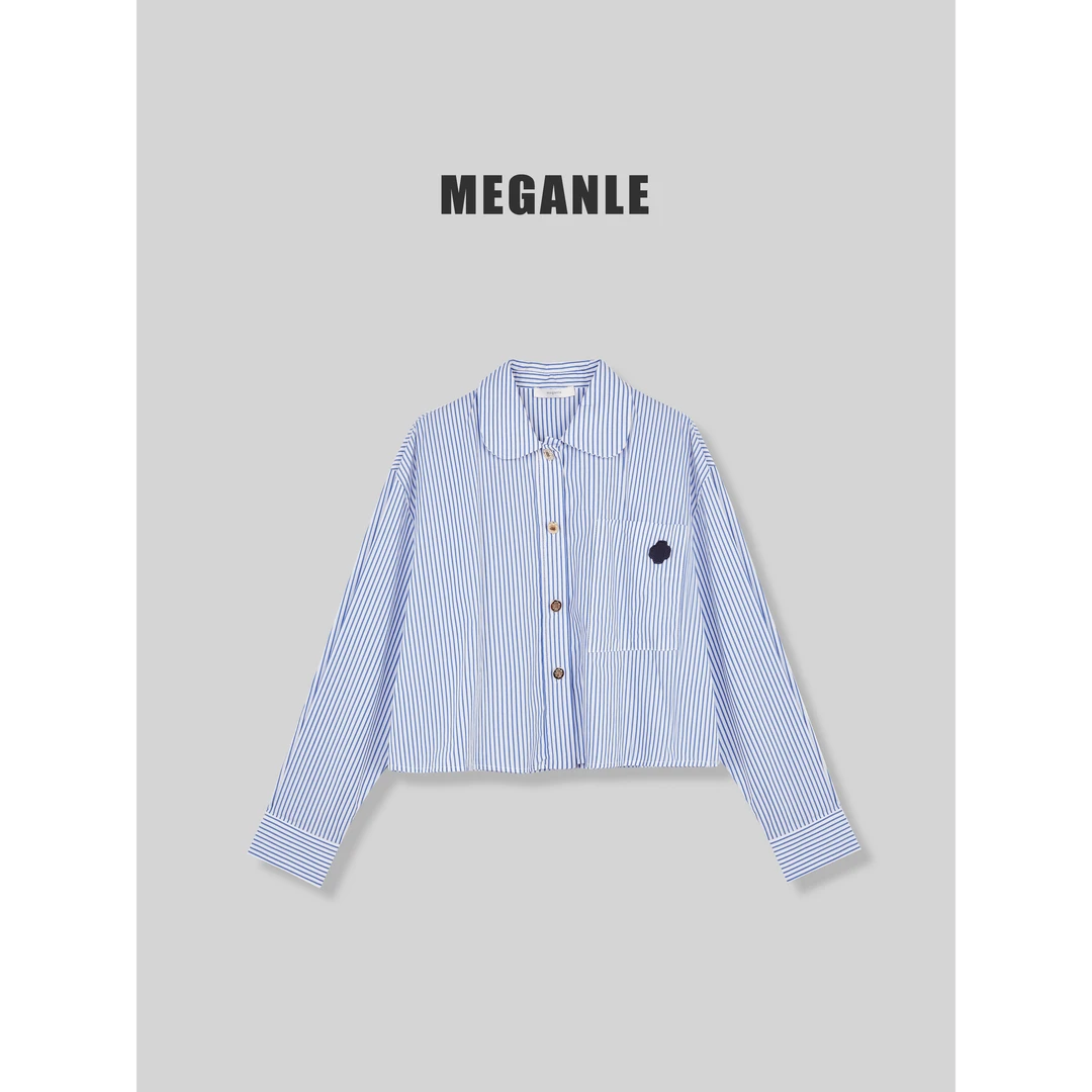 【四叶草衬衫】MEGANLE 简约百搭清爽蓝白条纹短款衬衫2024125