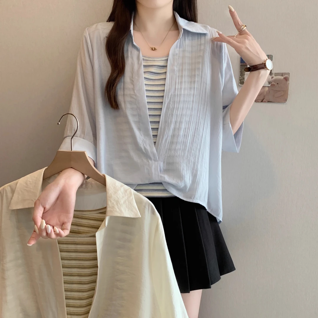 实拍2025盛夏新款胖mm大码设计感扭结假两件背心衬衫休闲通勤上衣