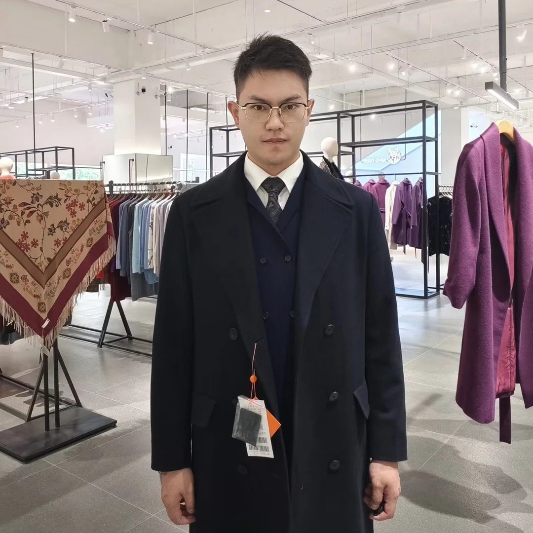 鹿王羊绒 男士深藏蓝色蟹钳领双排扣长款大衣山羊绒100海军大衣