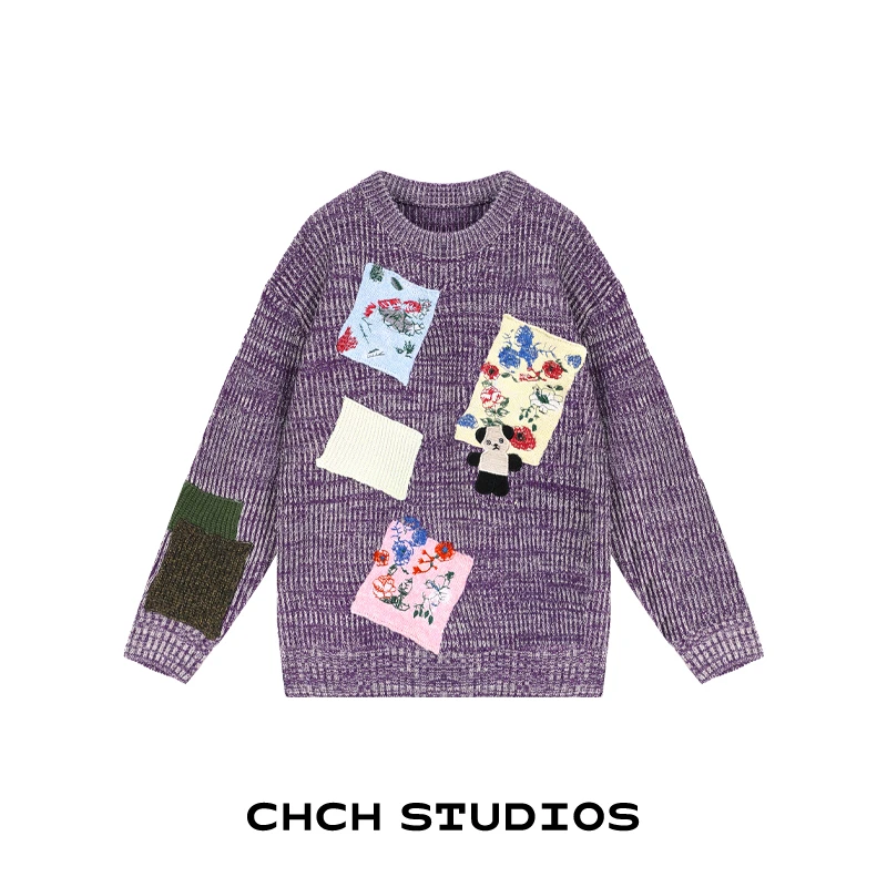 RAZZ93515时尚设计款百搭熊猫贴布绣毛衣女2025年秋冬新款针织衫