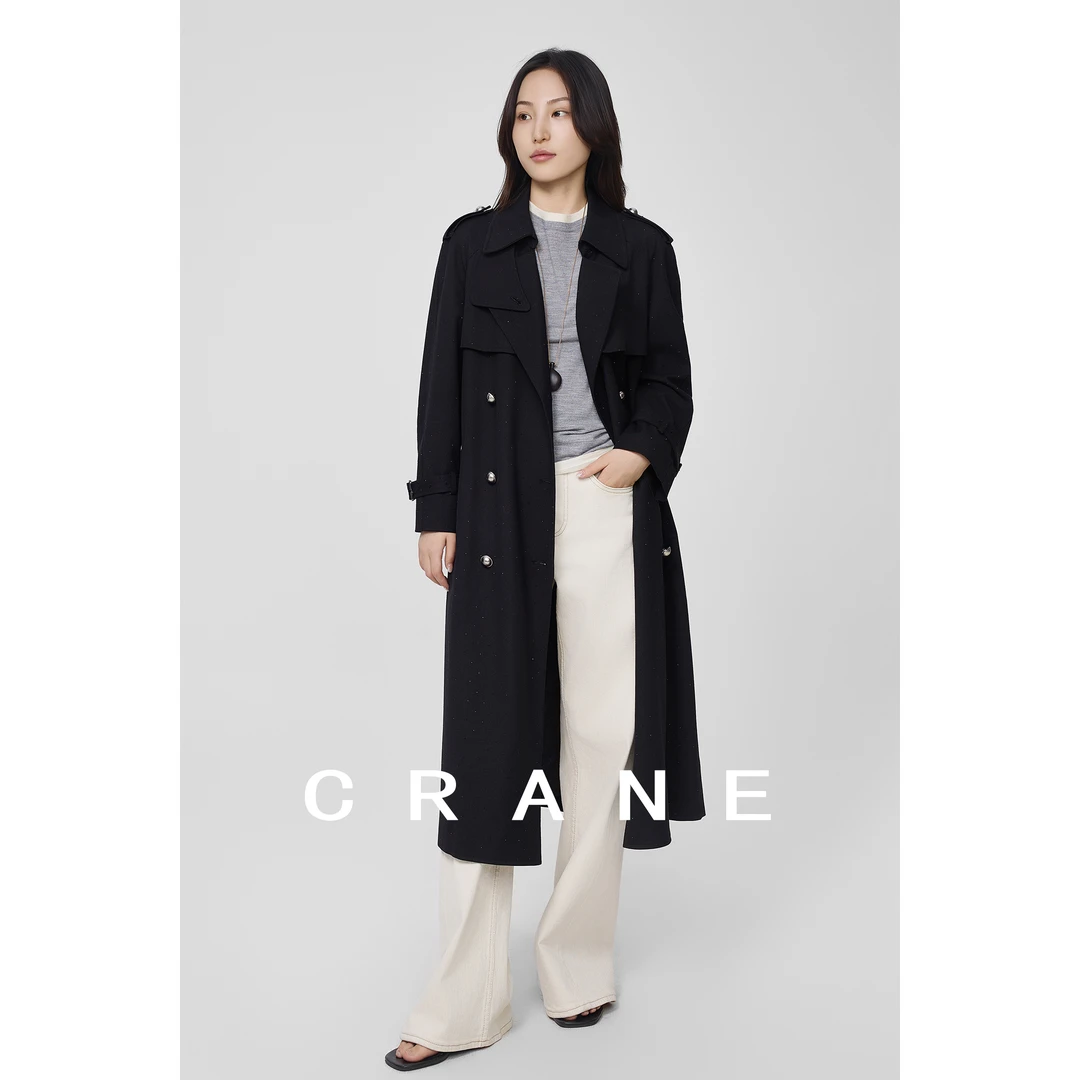 【CRANE】25早秋款黑色英伦风双排扣流行时尚风衣外套