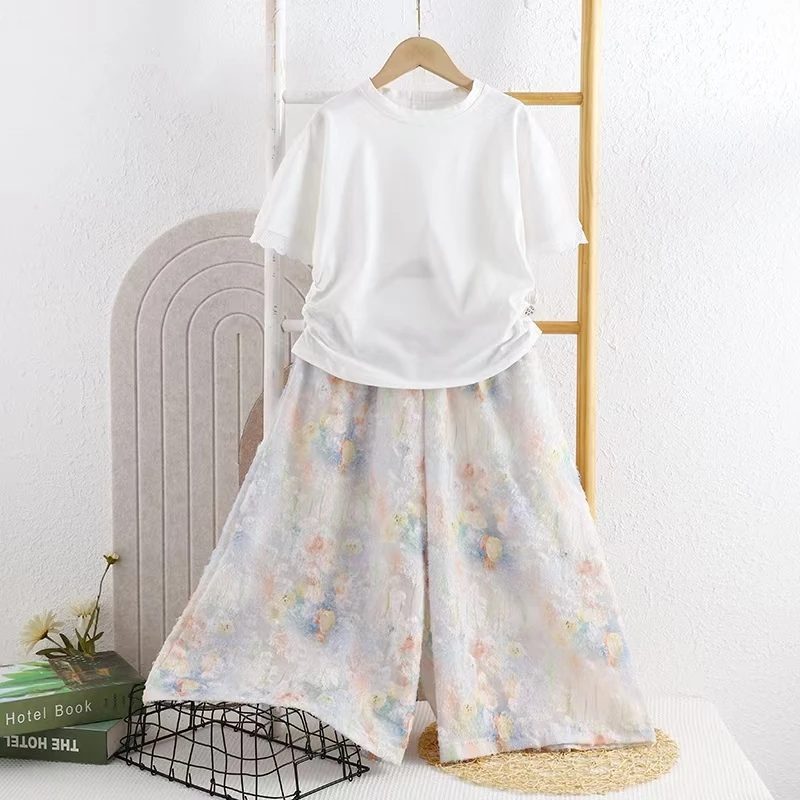 夏季薄款碎花蕾丝花苞裙裤百搭休闲阔腿裤套装洋气短袖紧腰显瘦