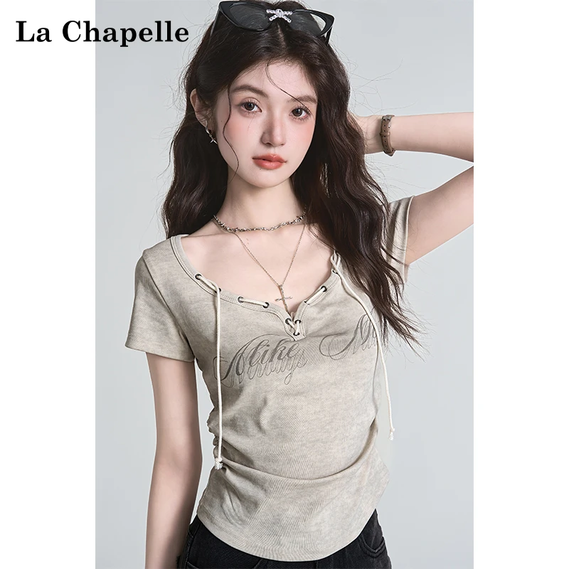 拉夏贝尔美式复古辣妹短袖T恤女2025夏季收褶印花绑带短款上衣