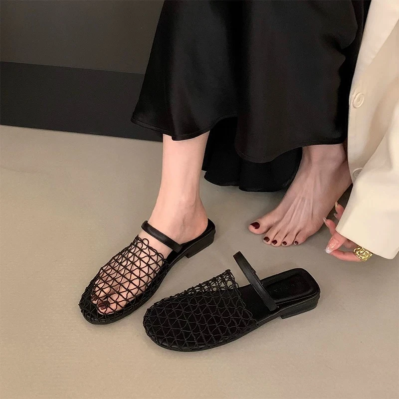 【曼曼子】小众编织网纱凉拖鞋
