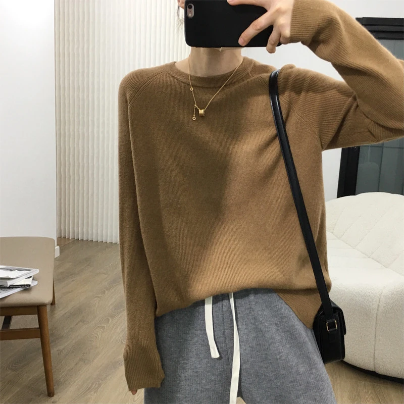 秋季基础款圆领插肩袖纯色针织衫女韩版宽松百搭软糯毛衣潮流舒适