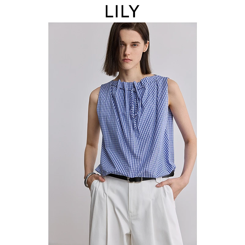 LILY2025夏学院风蓝色格纹抽绳无袖吊带女125229C8911