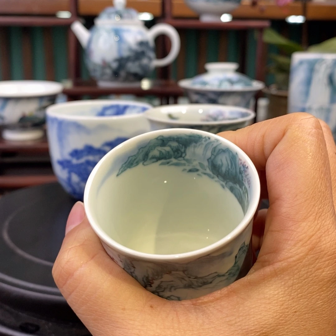 恩***?手工陶瓷柴窑青绿山水杯