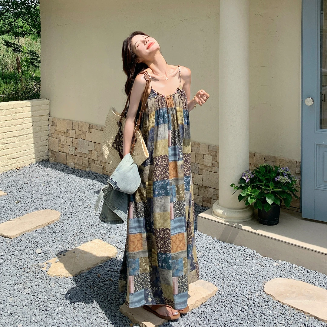 波西米亚度假风吊带连衣裙女夏2025新款薄款牛仔马甲碎花裙两件套