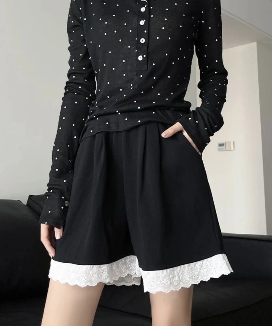 大码设计感蕾丝花边五女休闲运动短裤夏季宽松阔腿裤百搭a字裤子