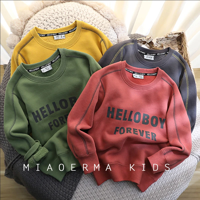 休闲加绒字母卫衣男童男孩保暖打底衫童装2025新款圆领套头上衣