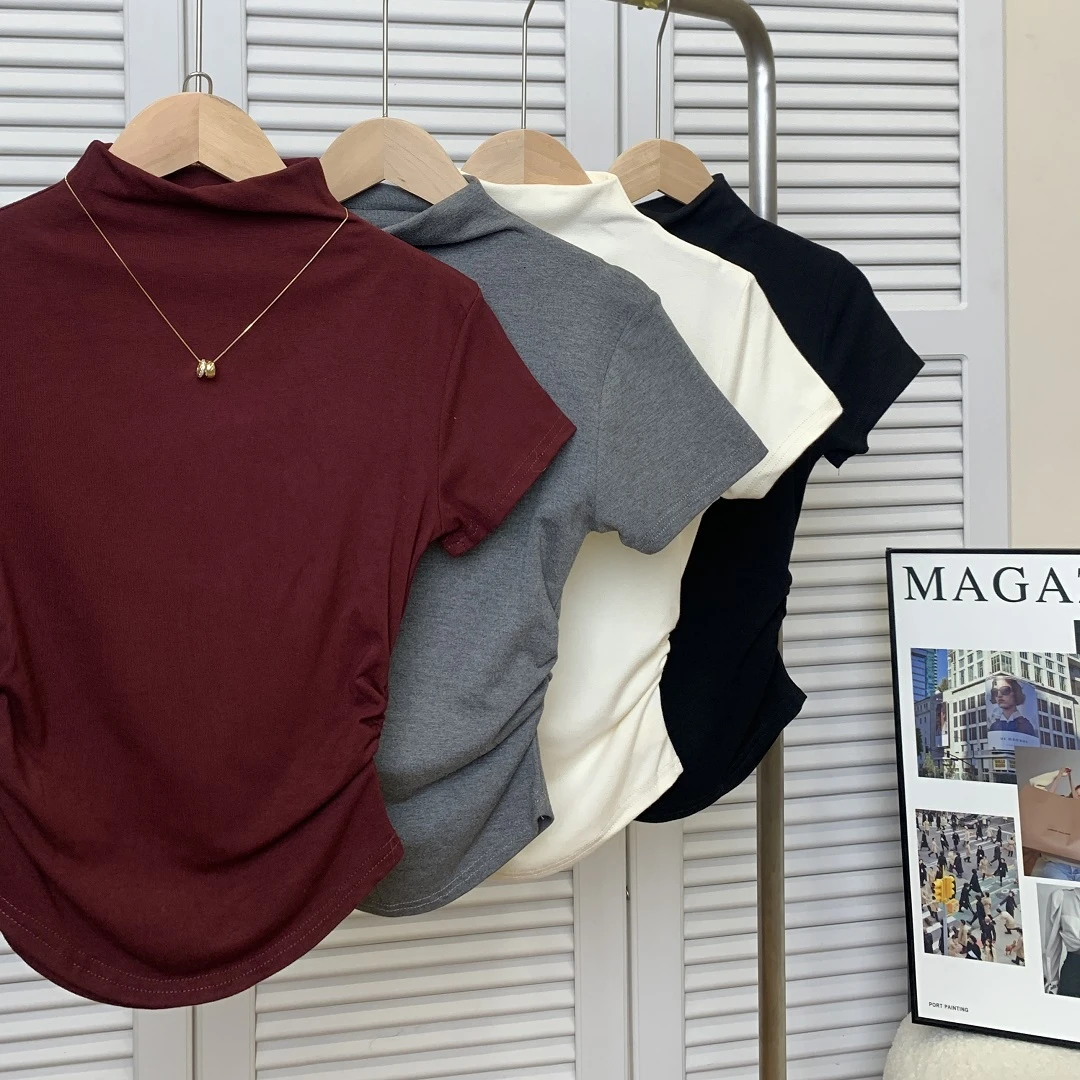 纯色大码半高领简约短袖T恤女设计感小众辣妹黑色短袖t恤女