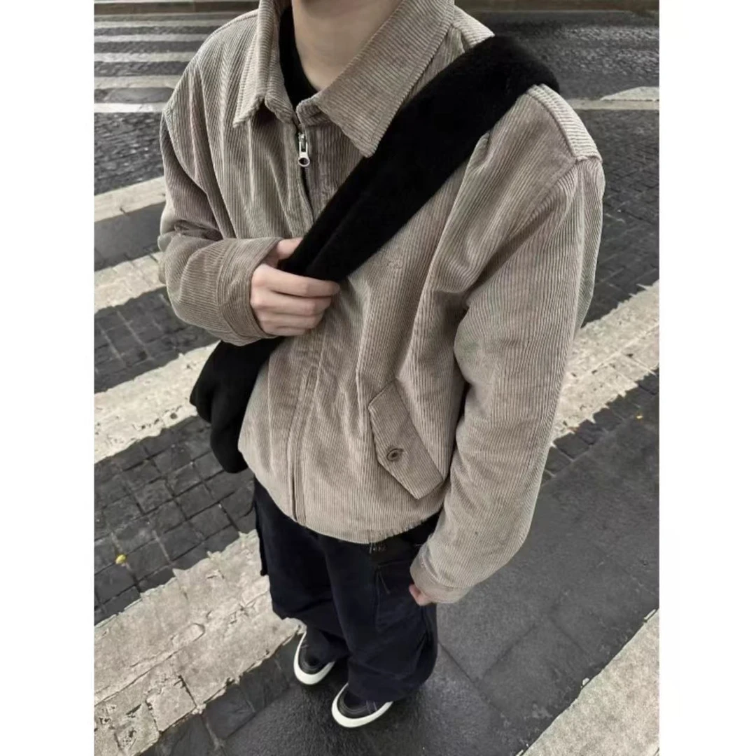 春季新款美式复古灯芯绒翻领外套男cleanfit哈灵顿休闲夹克