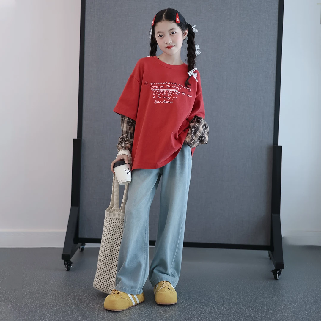 女童t恤2025秋装洋气儿童假两件长袖打底衫韩版中大童妈妈同款