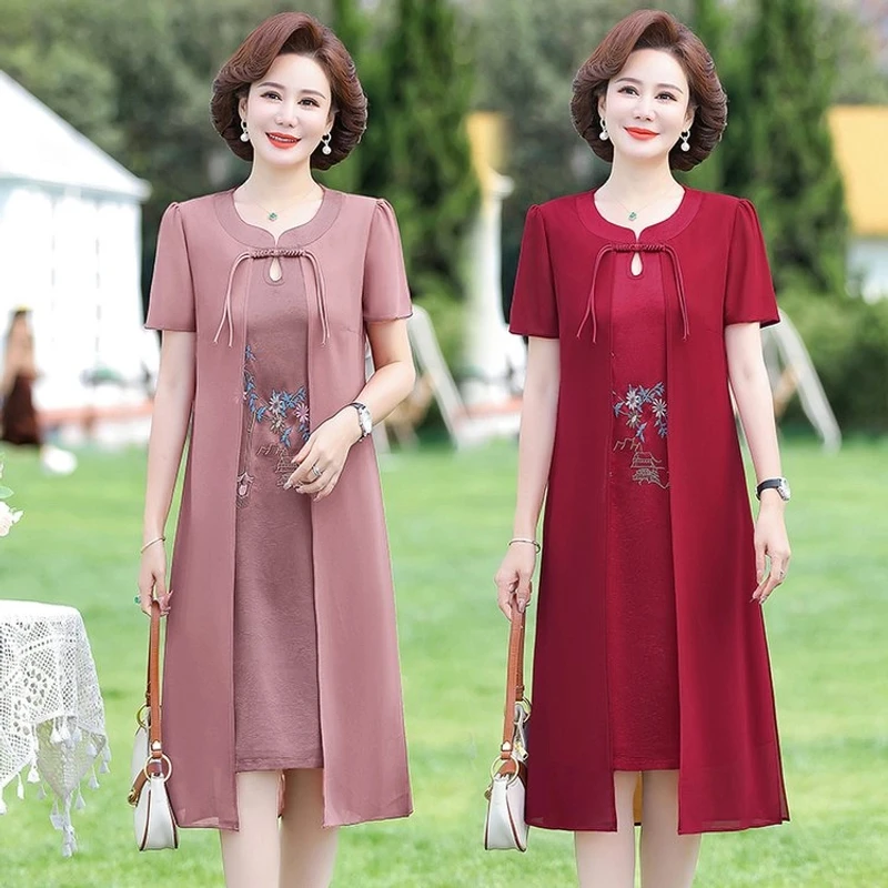 2024新款妈妈装新中式改良裙连衣裙假两件夏装中式气质绣花裙子