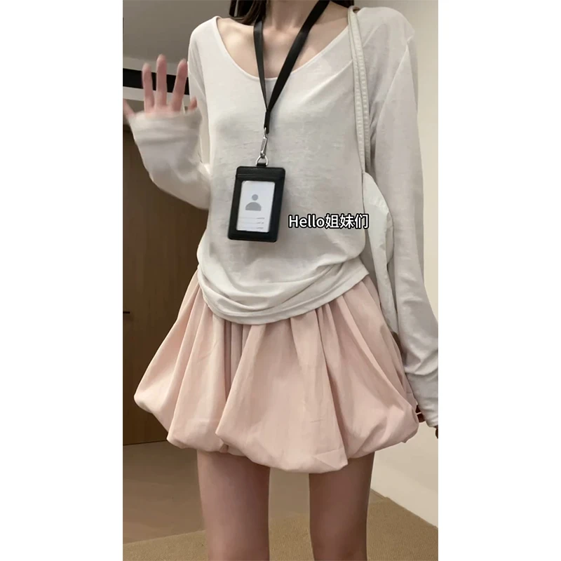 白色t恤宽松长袖内搭外穿上衣花苞短裙高腰a字蓬蓬半身百褶裙子女