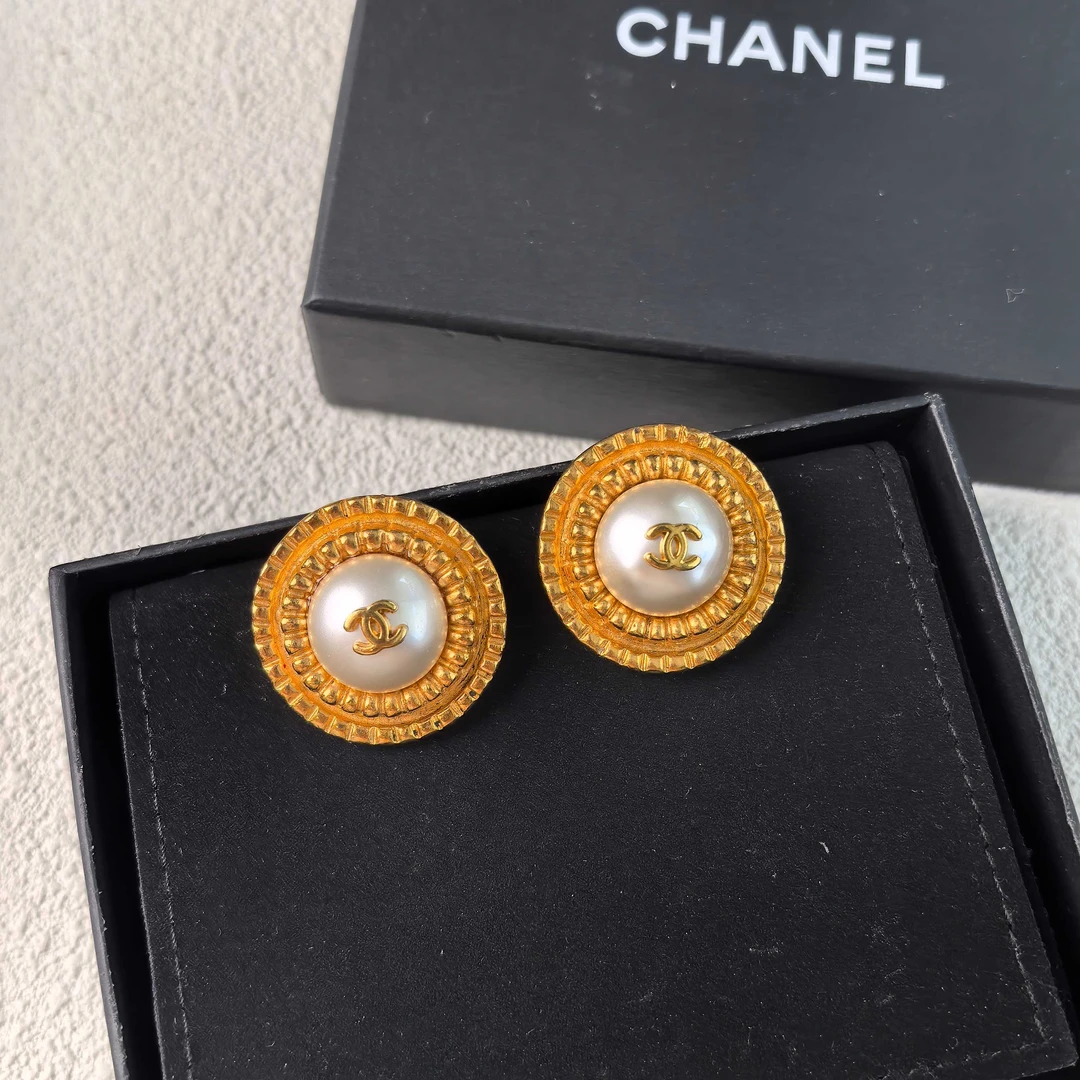 95新 Chanel/香奈儿 泡泡中古Chanel麦穗圆盘珍珠耳夹