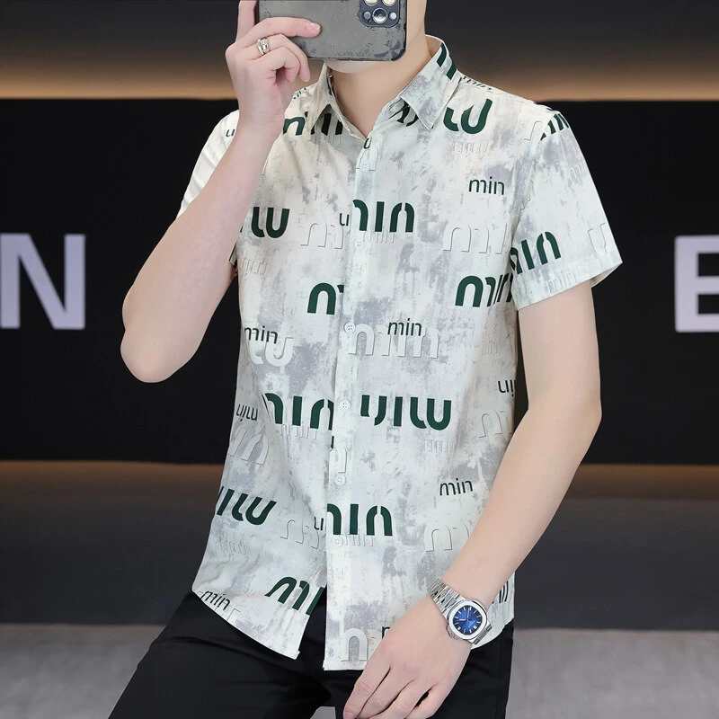 2025男衬衫夏季短袖冰丝透气字母印花短袖衬衫百搭时尚个性衬衣