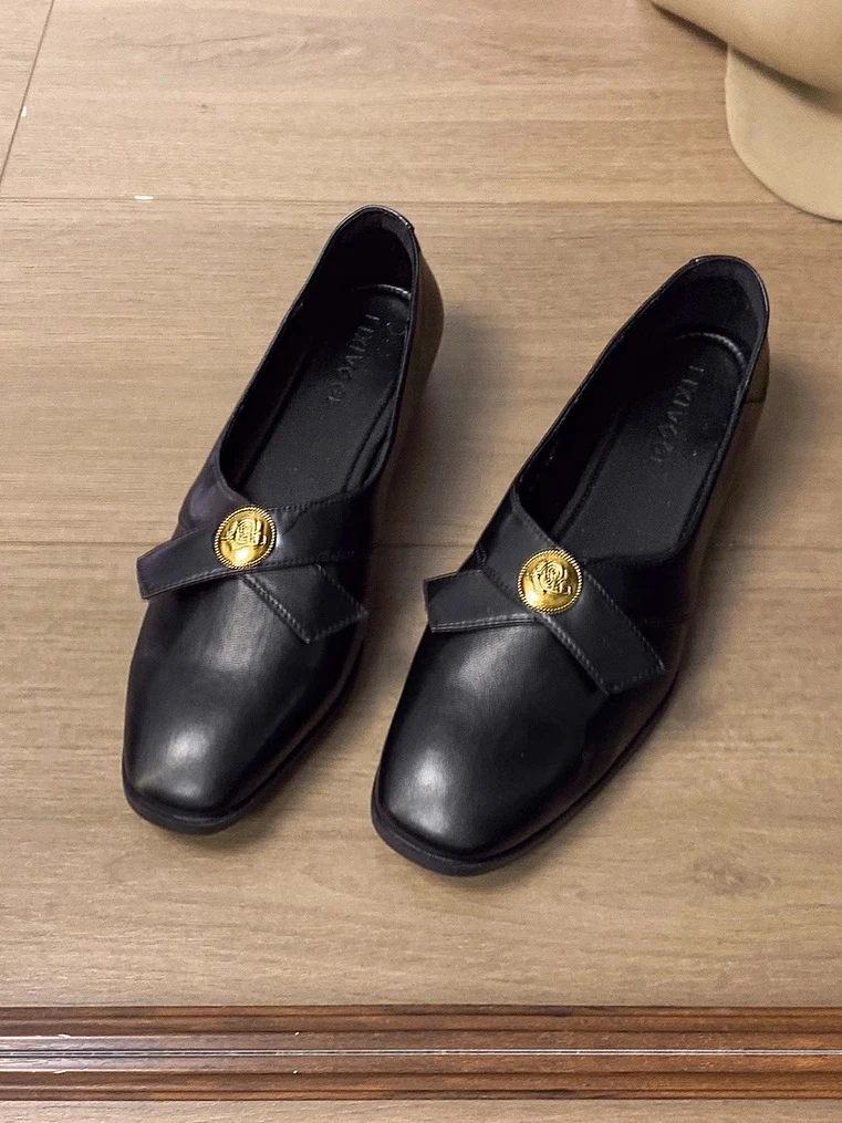 羊皮版~复古浅口小皮鞋女金币方头低跟奶奶鞋一脚蹬软皮黑色单鞋