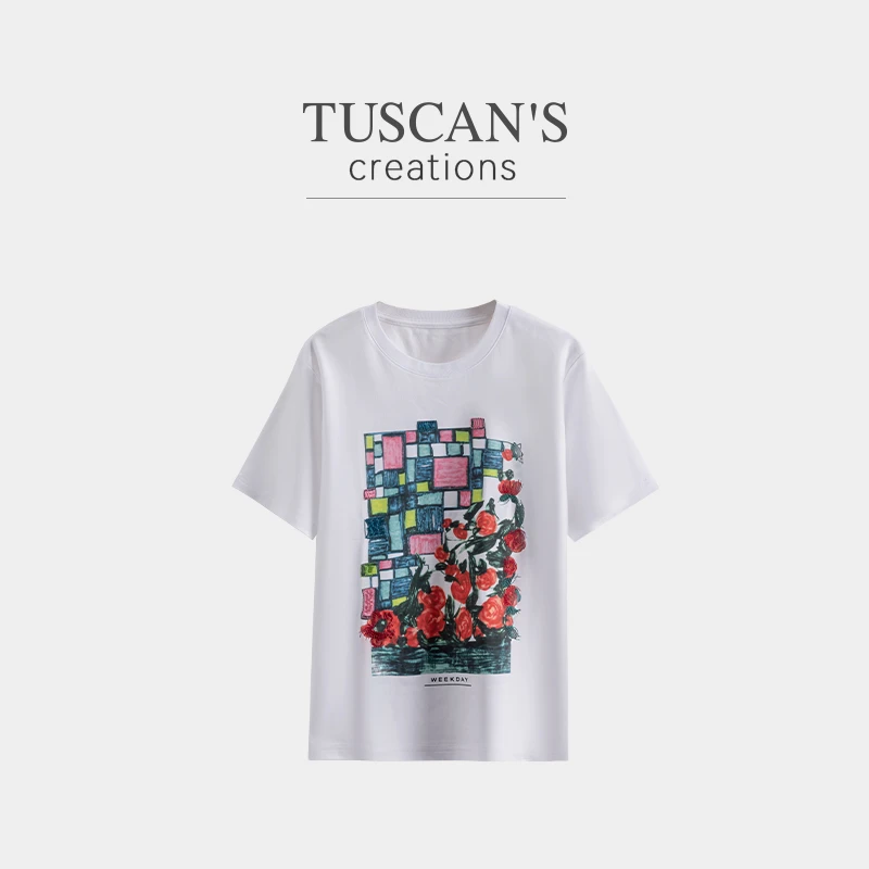 TUSCAN'S CREATIONS25新款时尚百搭印花全棉套头T恤时代集团女装