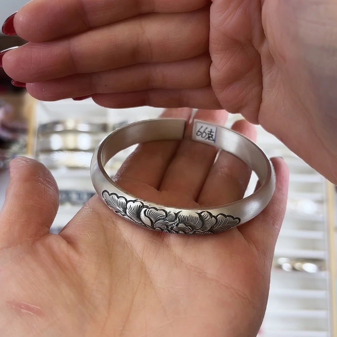 足银三朵牡丹银手镯66克