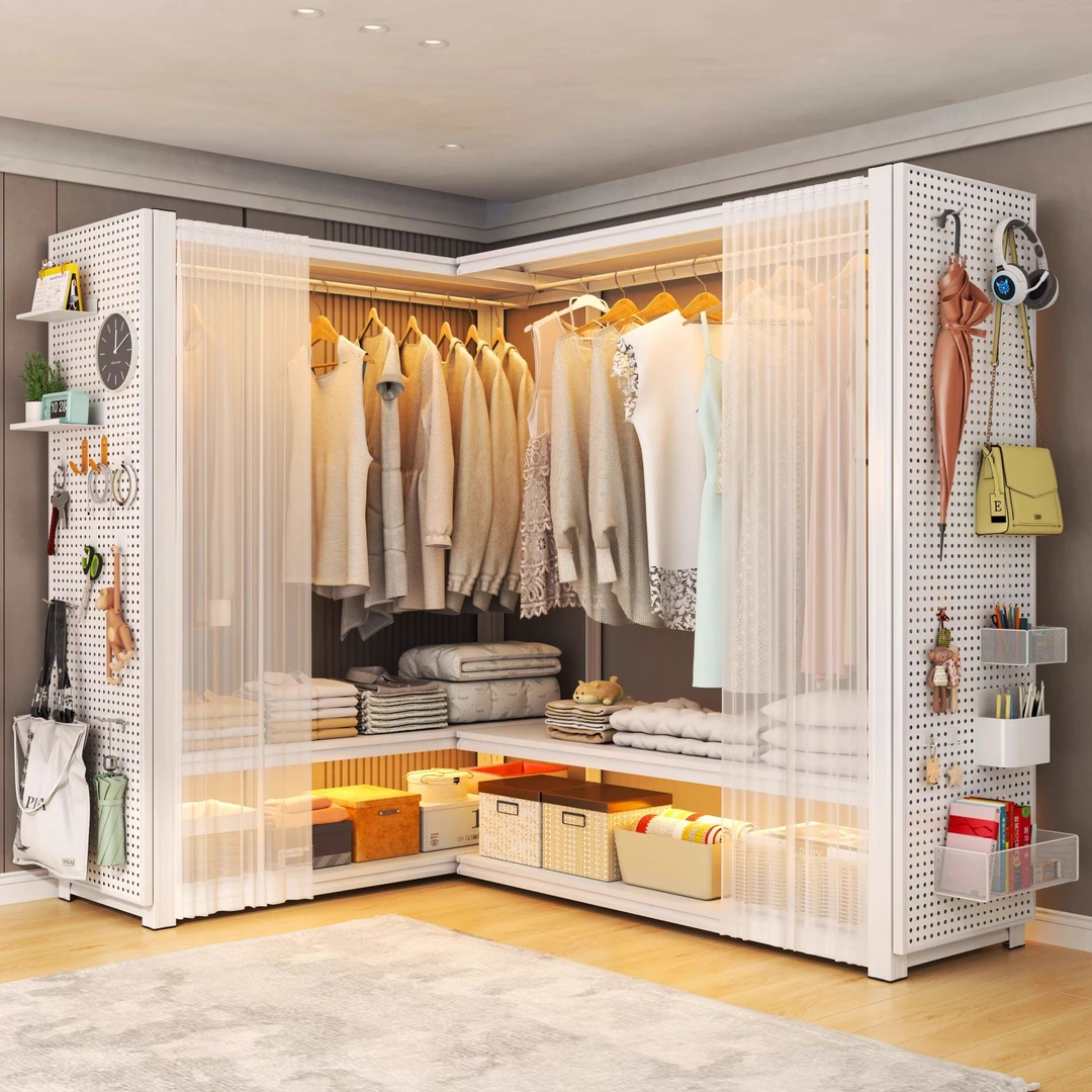 L型货架衣柜金属洞洞板衣架收纳架卧室出租房开放式衣帽架置物架