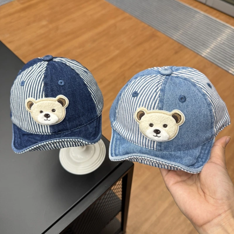 【萌酷出街】婴儿春秋新款条纹牛仔小熊软檐遮阳帽男女宝宝棒球帽潮