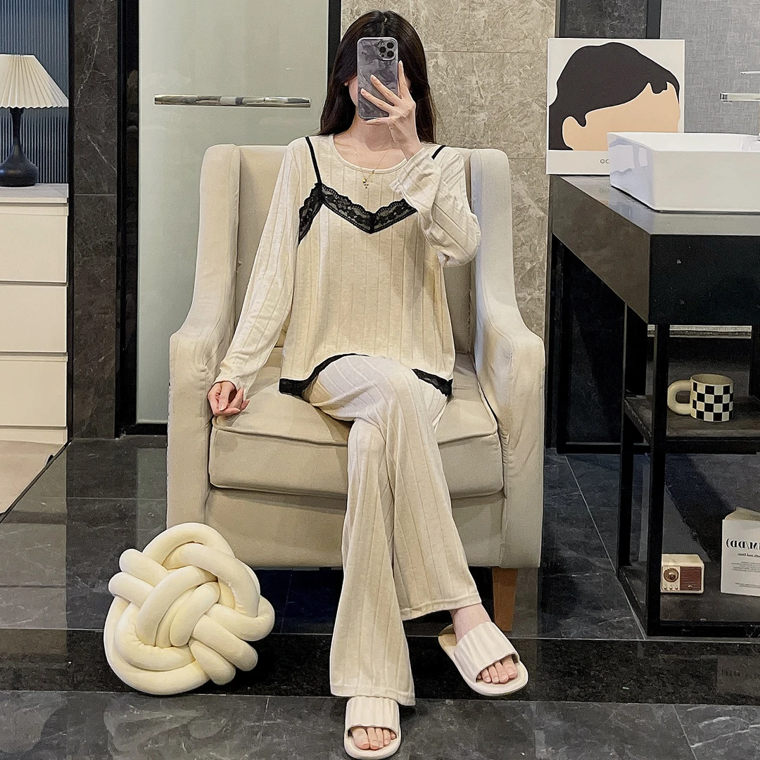 加厚保暖羊绒睡衣女新款春秋季黑色蕾丝长袖冬款高级感家居服套装