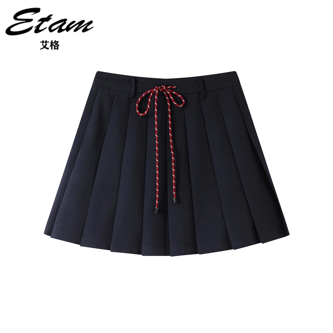 Etam/艾格学院风藏青色百褶短裙2025秋季新款小个子高腰A字半身裙