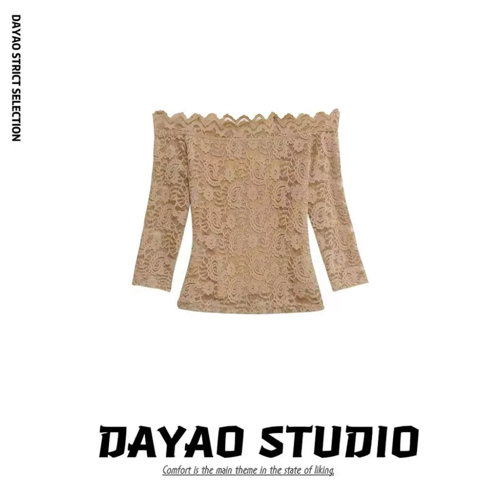 【欲感娇妻】一字肩蕾丝镂空纹理纯欲透气显瘦上衣女