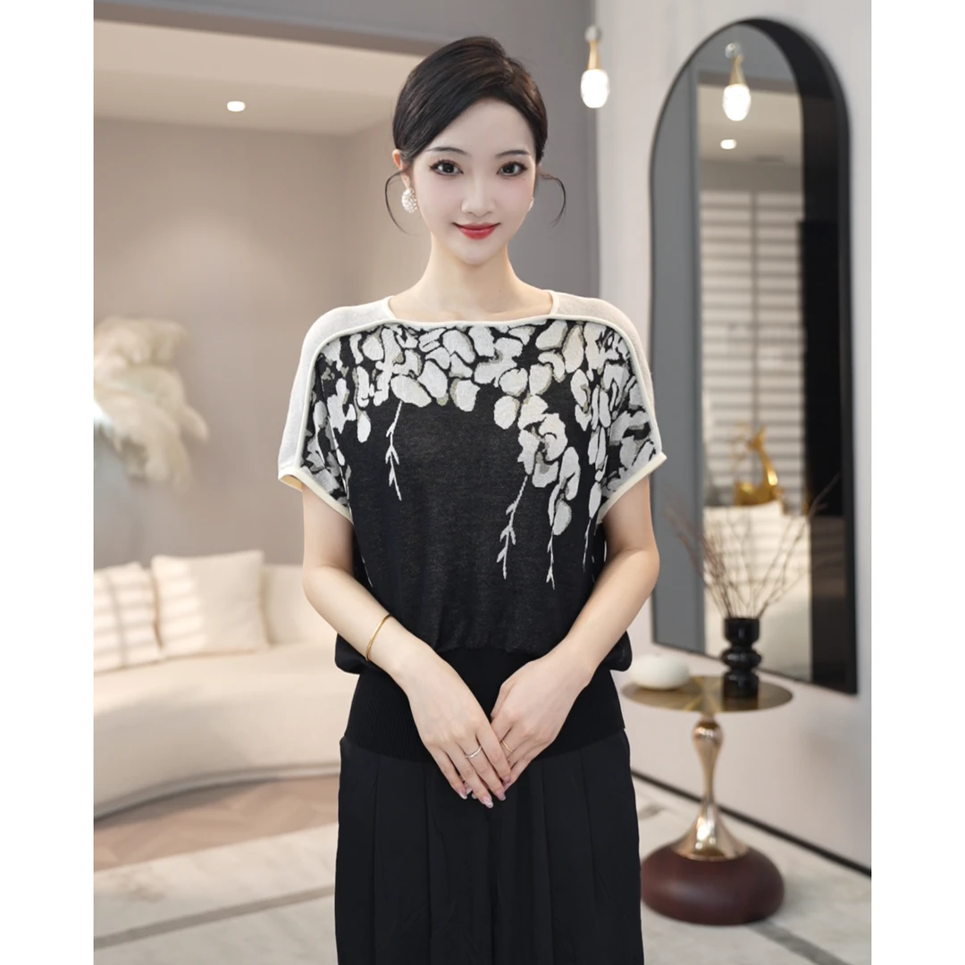 2026夏季新款【ZM-X899】天丝冰感透气黑杏拼色圆领短袖针织小衫女