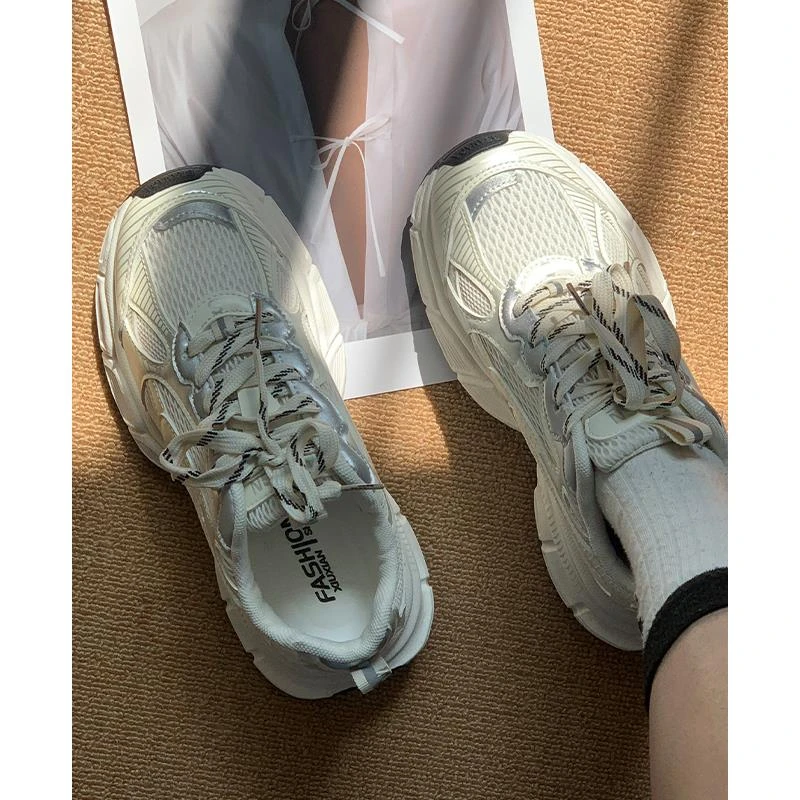 厚底老爹鞋女款夏季白色运动鞋增高网面透气拼色小白鞋系带休闲鞋