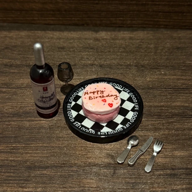 微缩娃娃屋迷你粉色生日蛋糕红酒树脂食完套餐过家家玩具