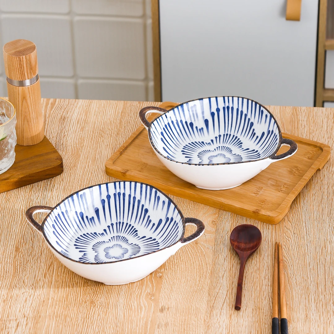 家用陶瓷餐具美二烧釉下彩幻影烟花9.5英寸双耳不规则汤盆(2个装)