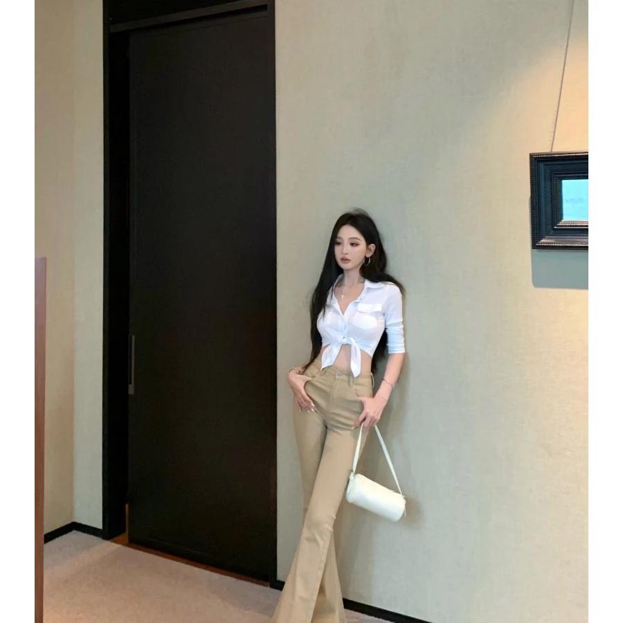 超辣的复古系带衬衣韩系纯欲辣妹上衣裤子套装#22706