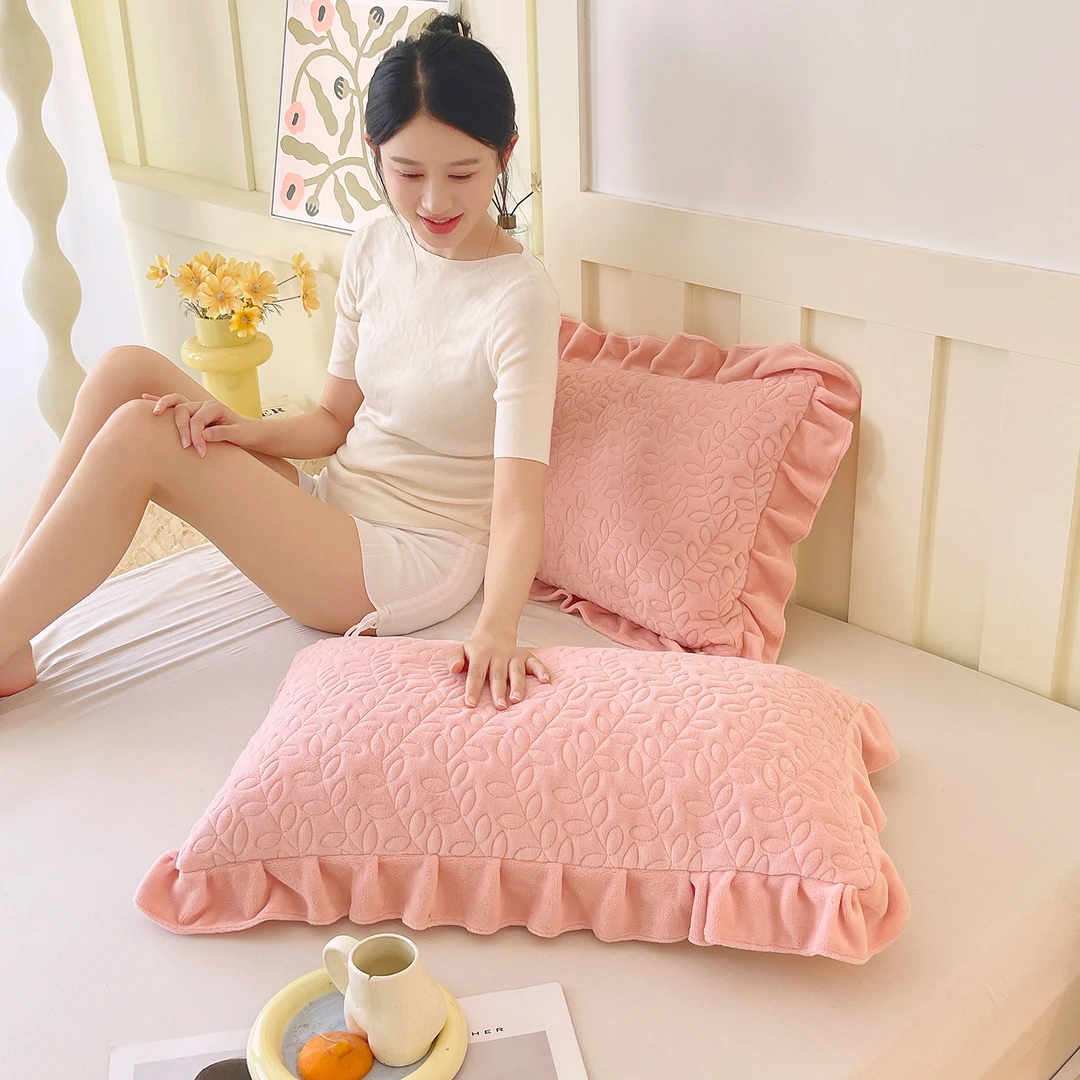 冬天加厚牛奶绒枕套一只装48*74cm纯色雕花绒枕芯内胆罩家用枕罩