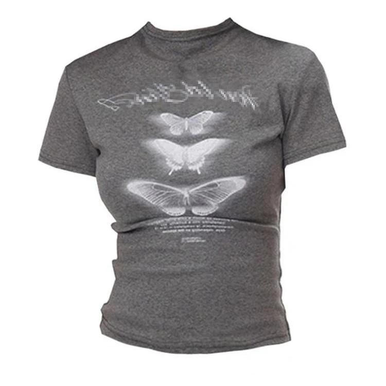 大码胖MM美式辣妹风印花短袖t恤女夏季2025新款潮牌圆领灰色上衣