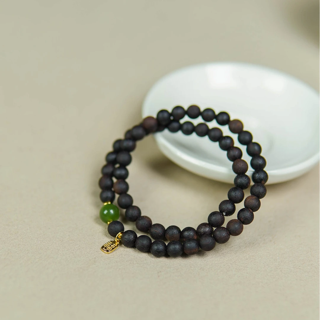 绚甸小叶降真香06MM和田玉碧玉软油双圈手串手链新中式国风文玩