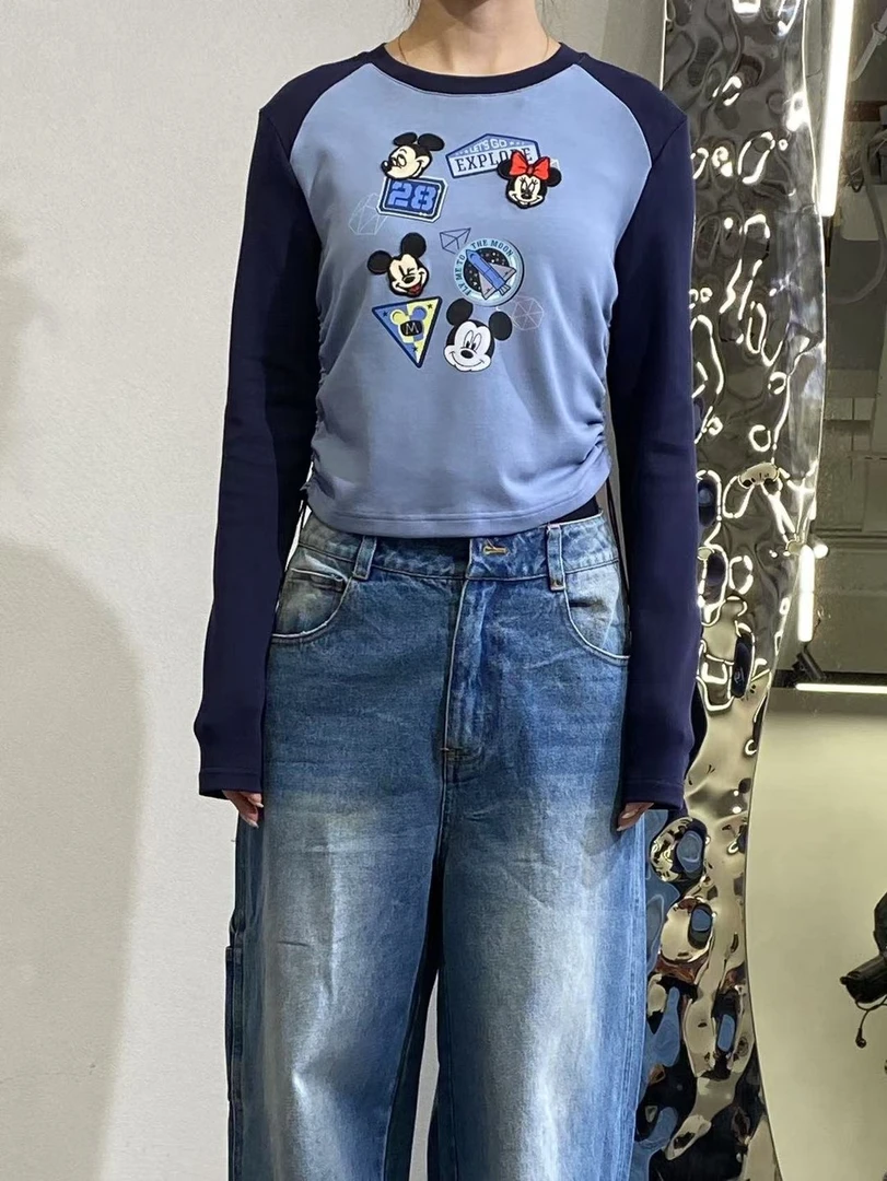 深圳南油高品#kimss美式复古米奇撞色T恤欧货甜辣收腰插肩袖上衣