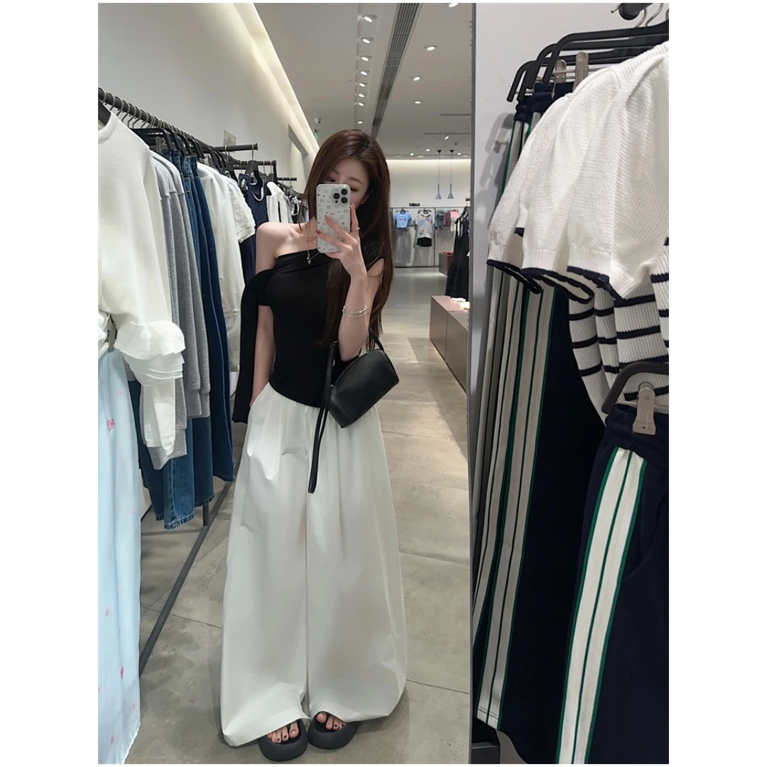 斜肩无袖绑带显瘦设计感背心上衣+休闲长裤   80062