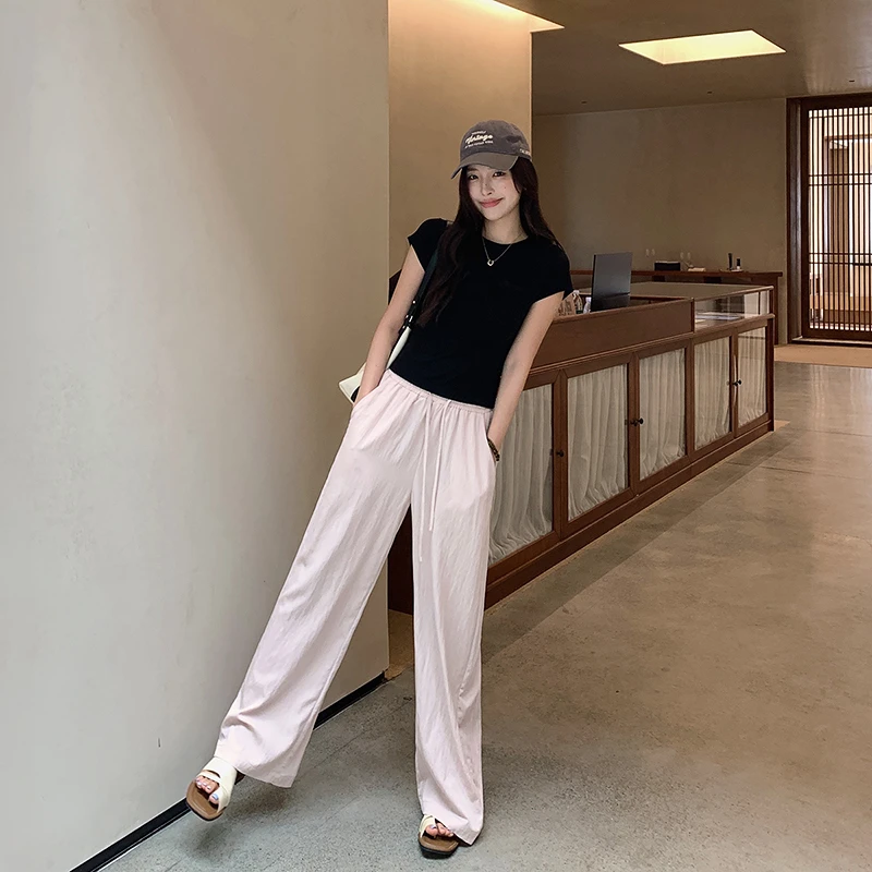 林关关【降温裤】 休闲风微褶肌理凉感直筒裤粉色女夏休闲裤薄款