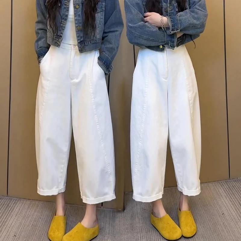 白色哈伦裤女夏季新款宽松显瘦高腰九分裤梨型身材大码弯刀休闲裤