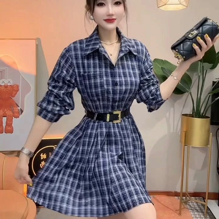 中腰高腰格子秋季拼接长袖连衣裙中长款时尚女装洋气显瘦气质网红