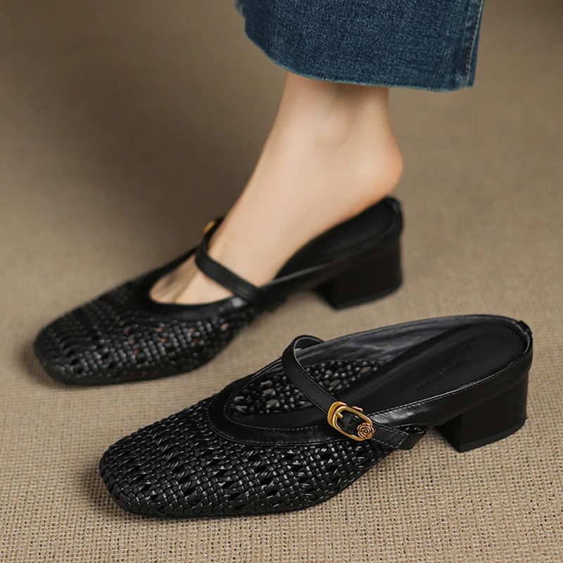 真皮半拖春夏女鞋子女款潮牌百搭小众鞋子法式镂空包头拖鞋女外穿