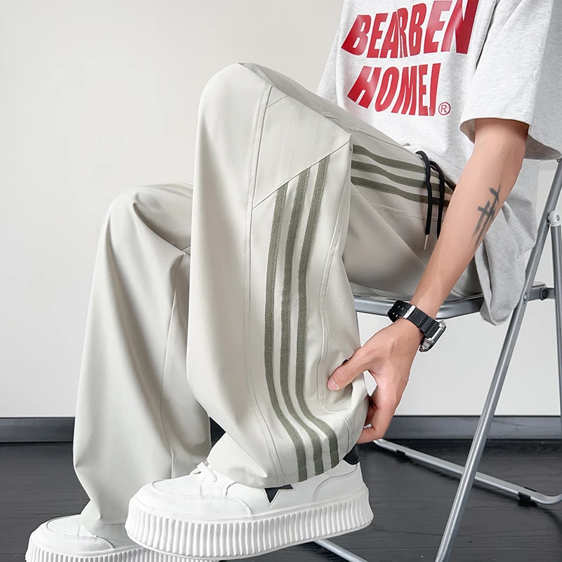 夏季冰丝长裤青少年百搭条纹垂感帅气空调裤宽松潮薄款直筒休闲裤