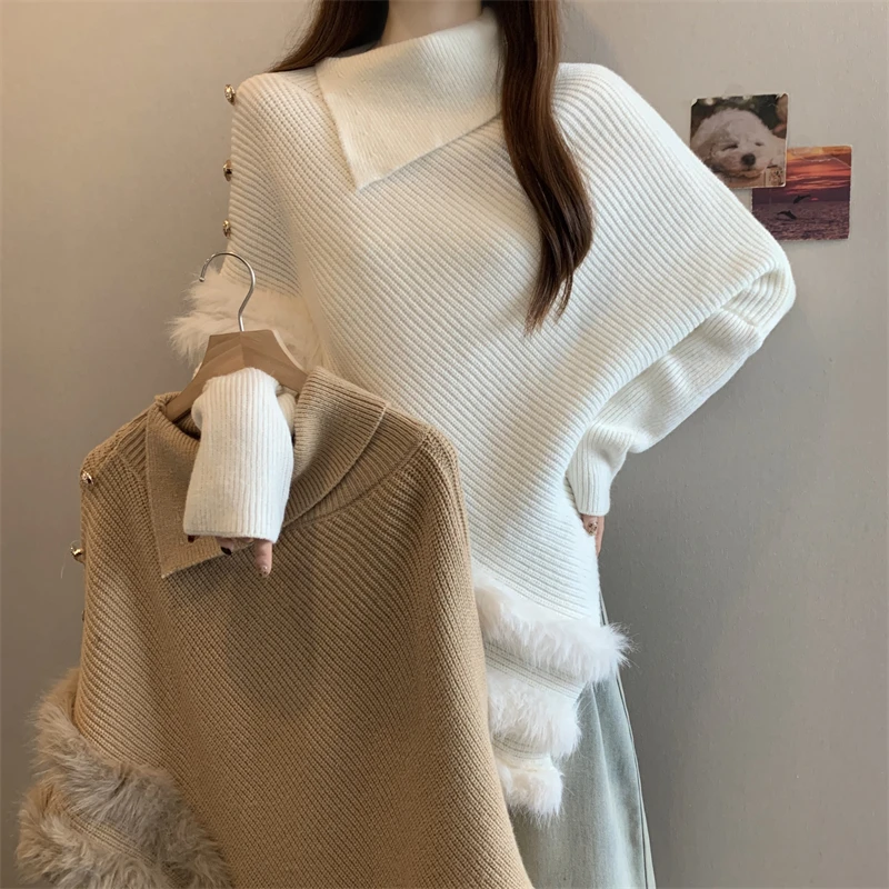 大码高领不规则慵懒秋冬氛围感蝙蝠袖软糯毛毛拼接毛衣上衣百搭