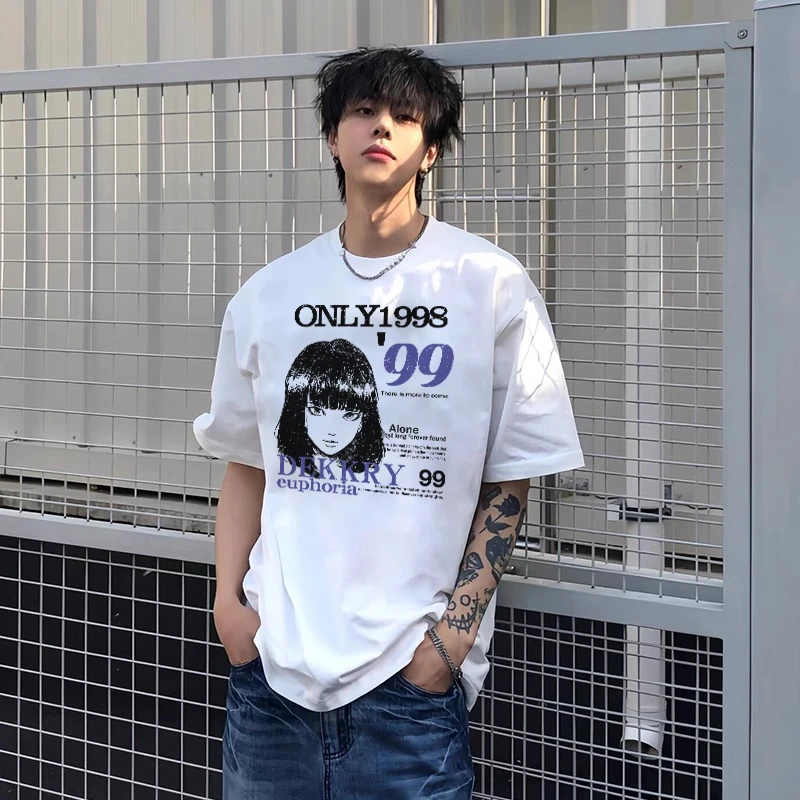 春夏季小众复古人物字母印花纯棉短袖T恤潮牌男休闲百搭圆领上衣